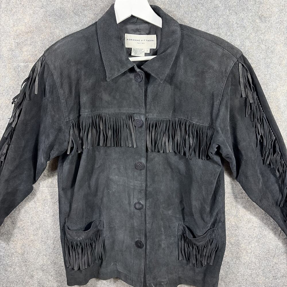 Vtg Adrienne Vittadini Women’s Petite Black Suede Jacket Leather Fringe 90s - Picture 3 of 14